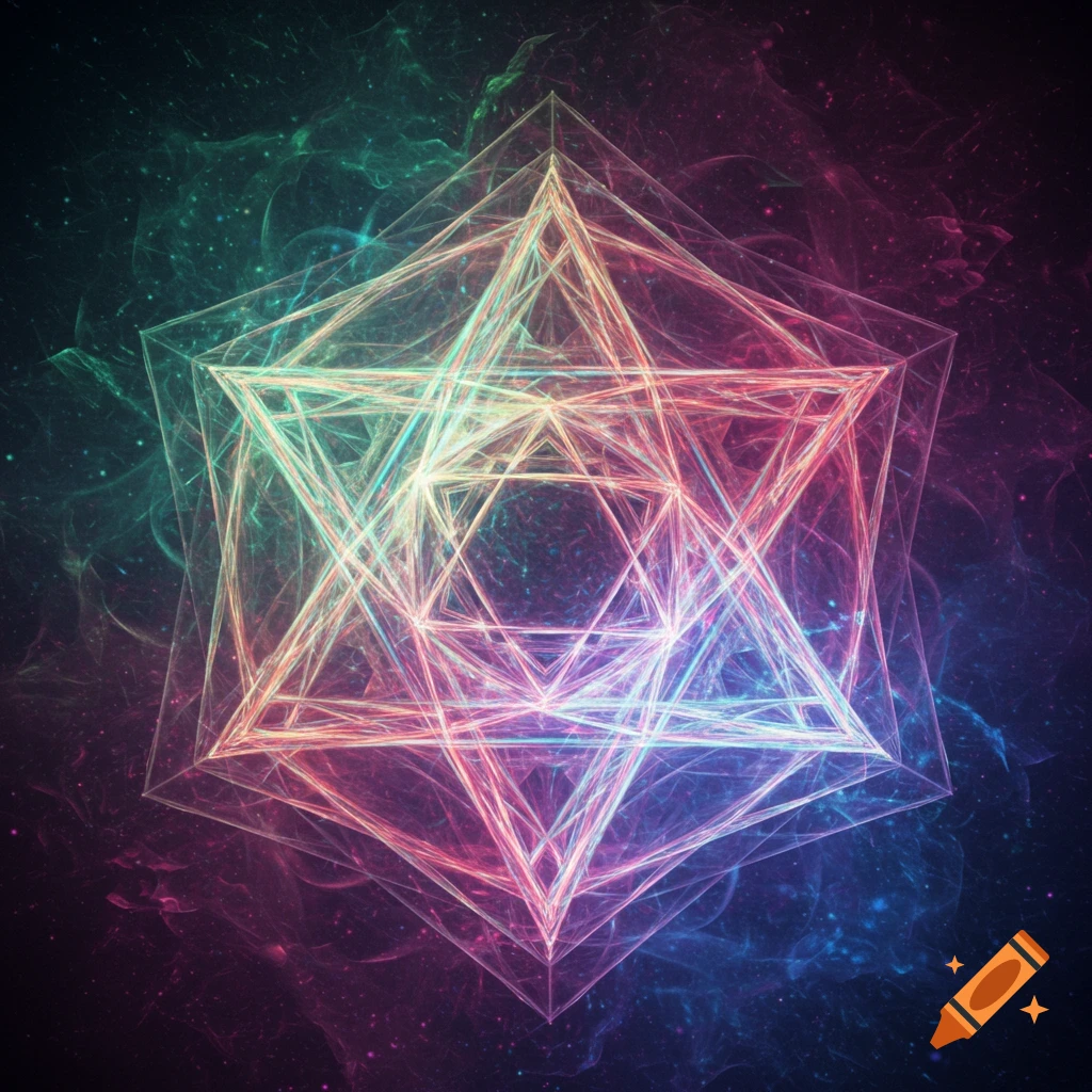 A complex multi-dimensional geometric shape glowing with pink, blue, and green lines on a dark, cosmic background.
