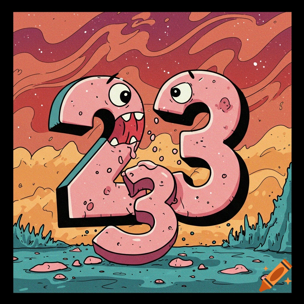 Cartoon illustration of the number 2 eating the number 3, against a colorful, stylized landscape.