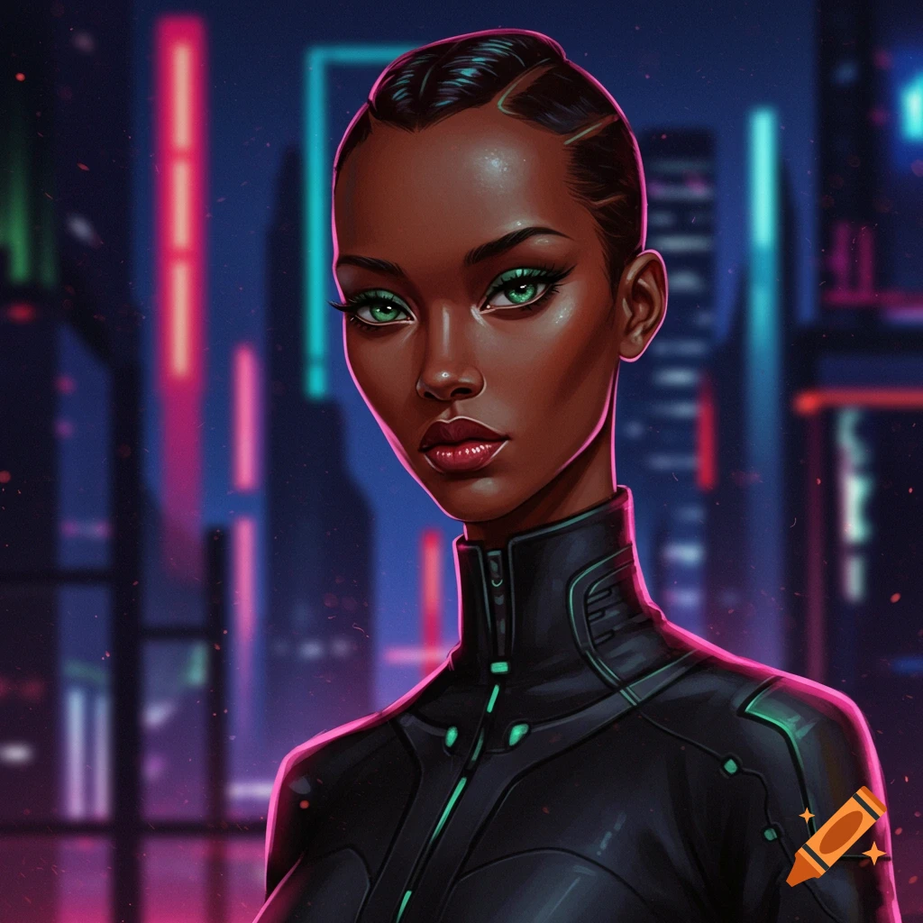 A woman with green eyes in a sci-fi suit stands against a neon city background.