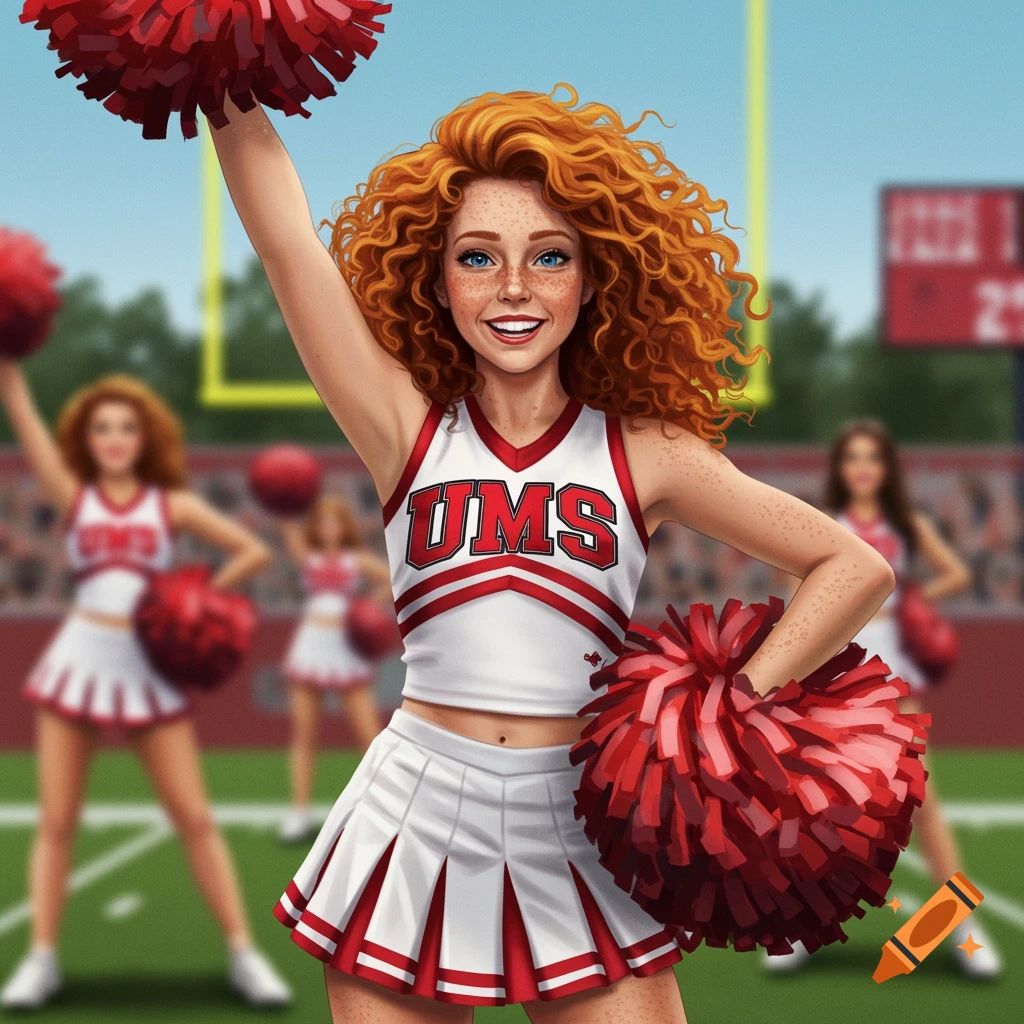 A freckled red-haired cheerleader with blue eyes holding red pom-poms at a football game.