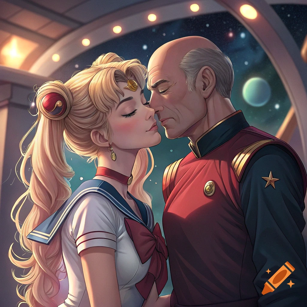 Anime style image of Usagi Tsukino kissing Jean-Luc Picard in space.