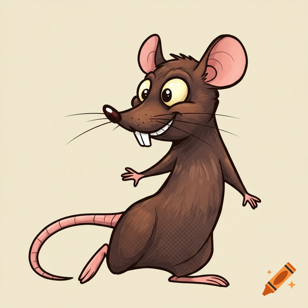 A cartoon illustration of a brown rat with big ears, whiskers, buck teeth, and a long tail, smiling and standing upright on a beige background.