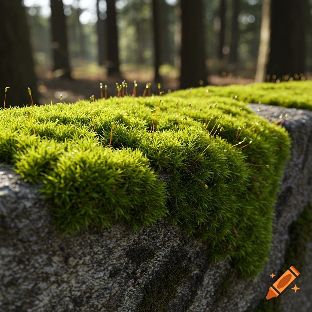 Realistic close-up of bright green moss with sporophytes growing on a stone wall in a forest.
