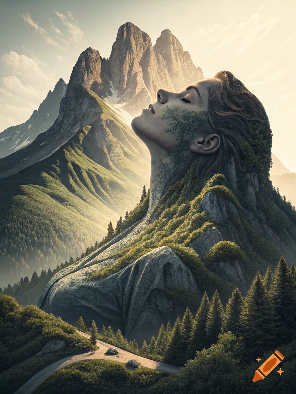 Mountain landscape shaped like a woman's face and torso looking up at the sky.