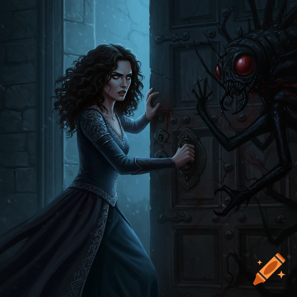 Woman closing a door on a dark insect-like monster.
