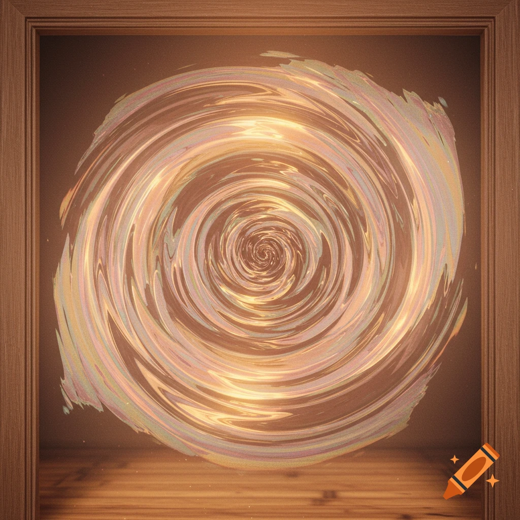 Abstract of a glowing, swirling vortex within a wooden frame.