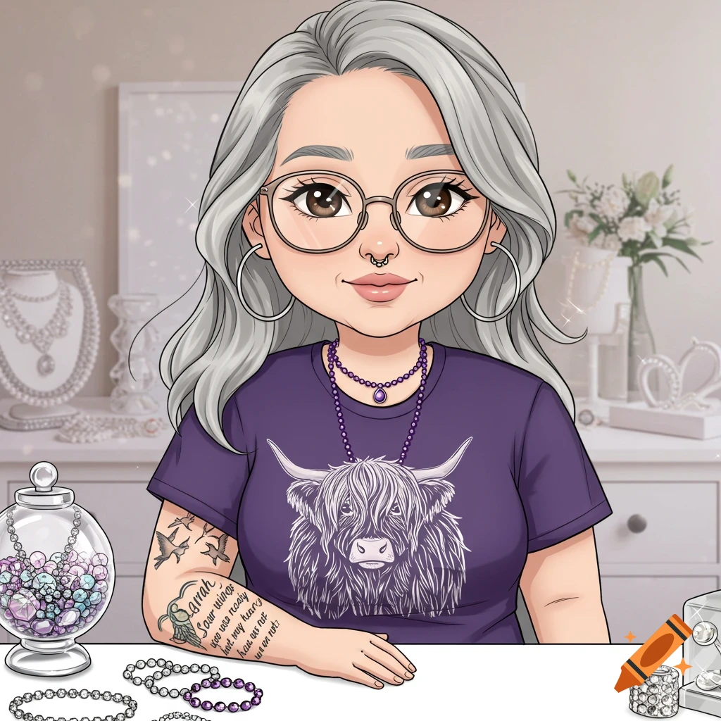 Cartoon portrait of woman with gray hair, glasses, purple shirt w/ cow, sitting at desk with jewelry.