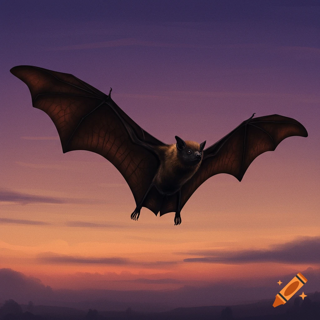 A bat flying against a sunset sky.