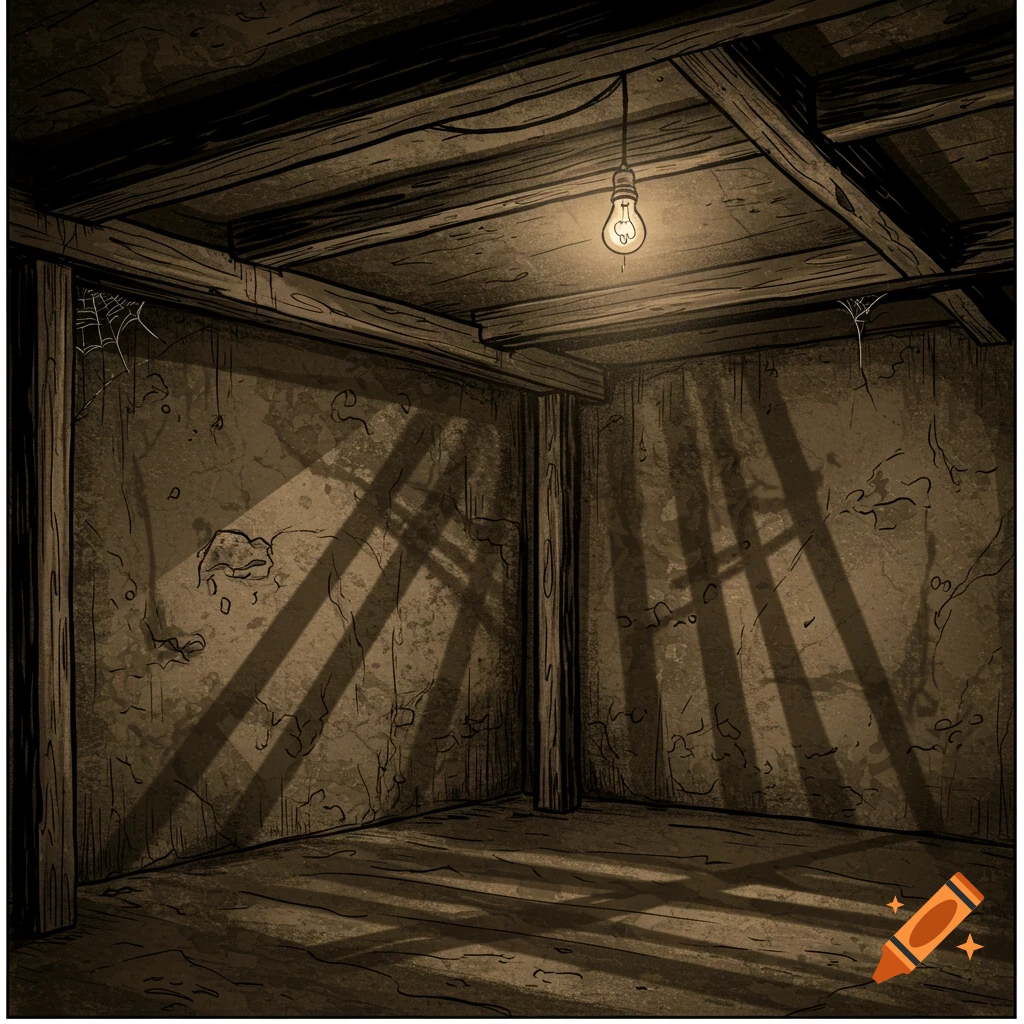 A hand-drawn illustration of a dark, old basement with a single lightbulb casting dramatic shadows.