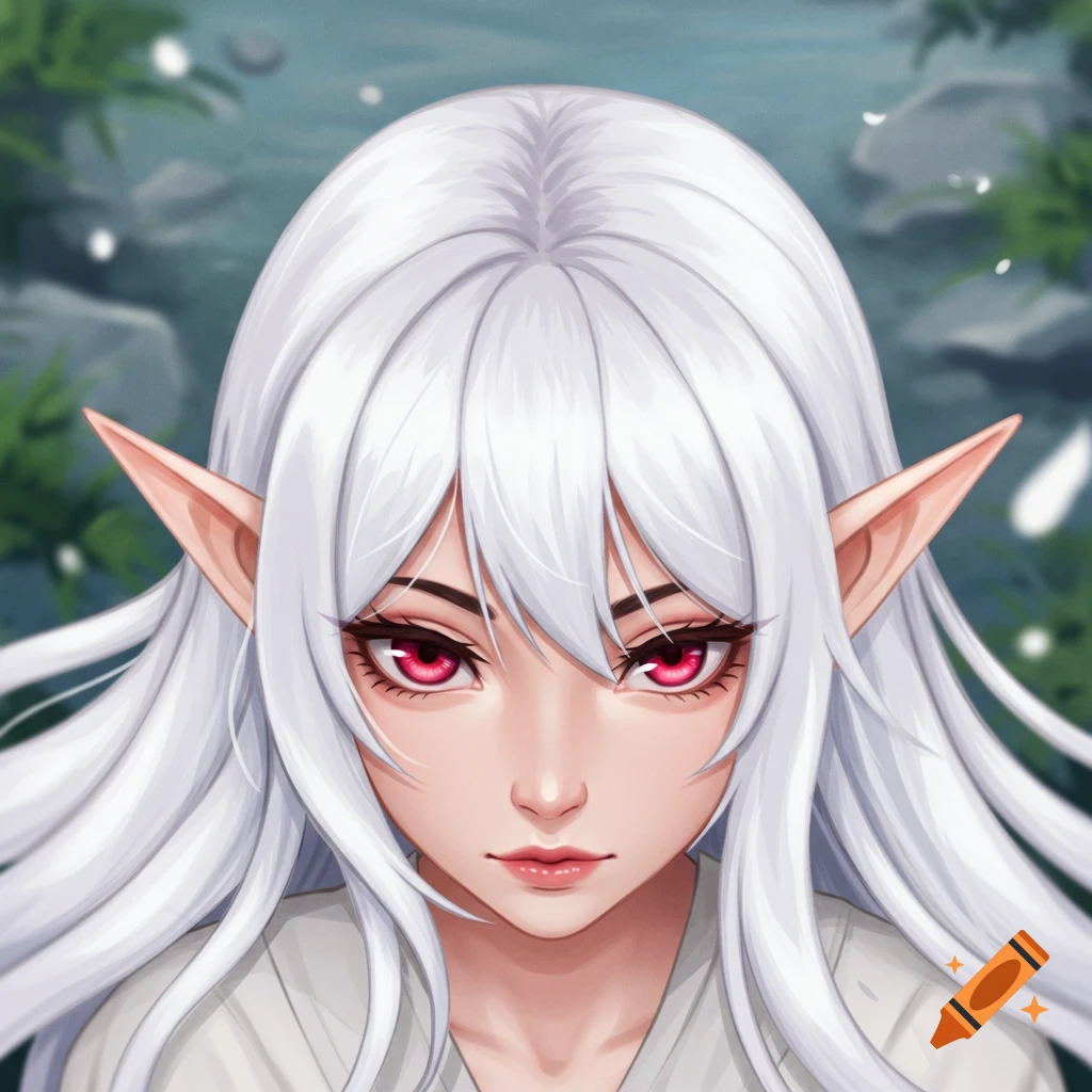 Anime portrait of an elf woman with white hair and red eyes.