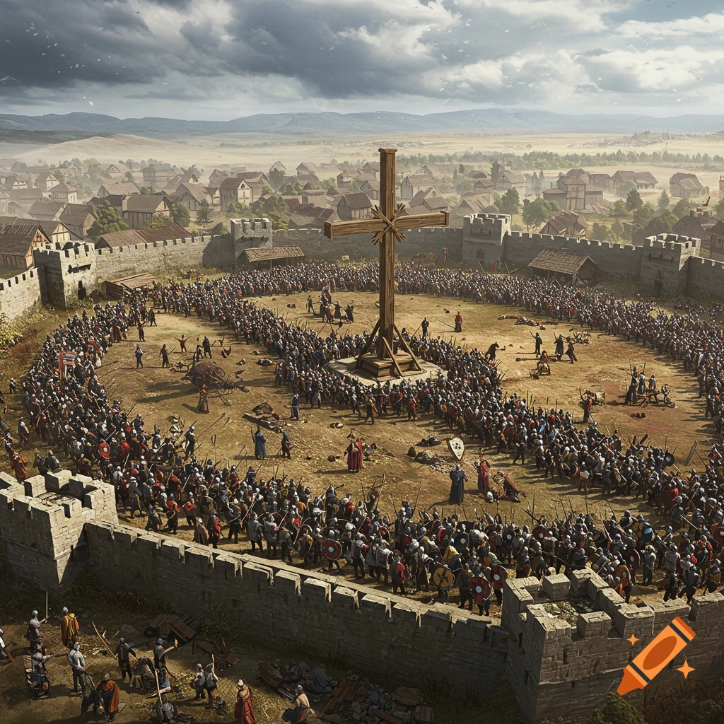 Aerial view of a large crowd surrounding a giant cross inside a walled arena with a town in the background.