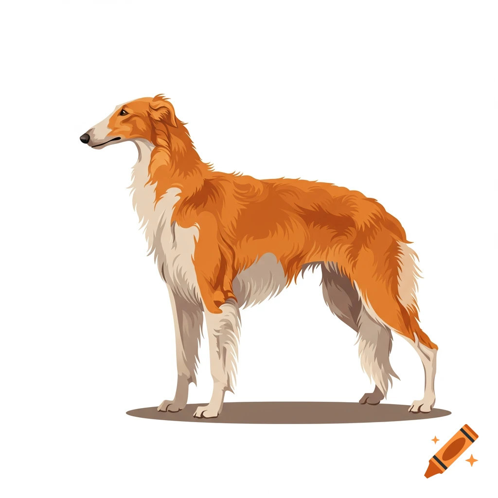 Vector graphic illustration of an orange and white Borzoi dog standing.
