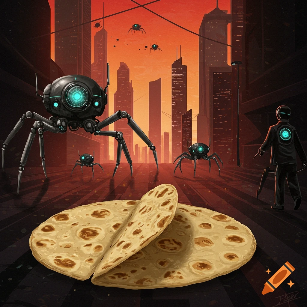 A futuristic city scene with spider robots and a person, featuring tortillas in the foreground.