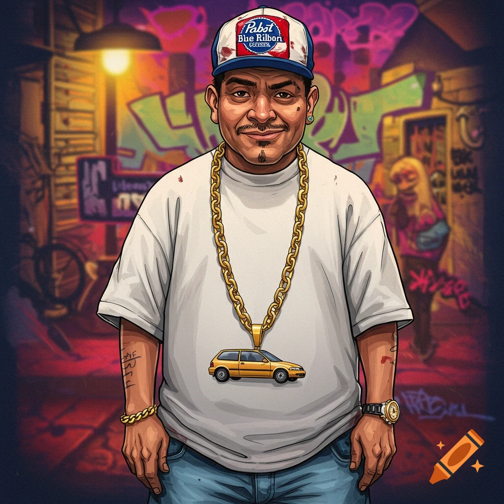 A stylized illustration of a man wearing a Pabst hat and gold chain with a car pendant, standing in front of graffiti.