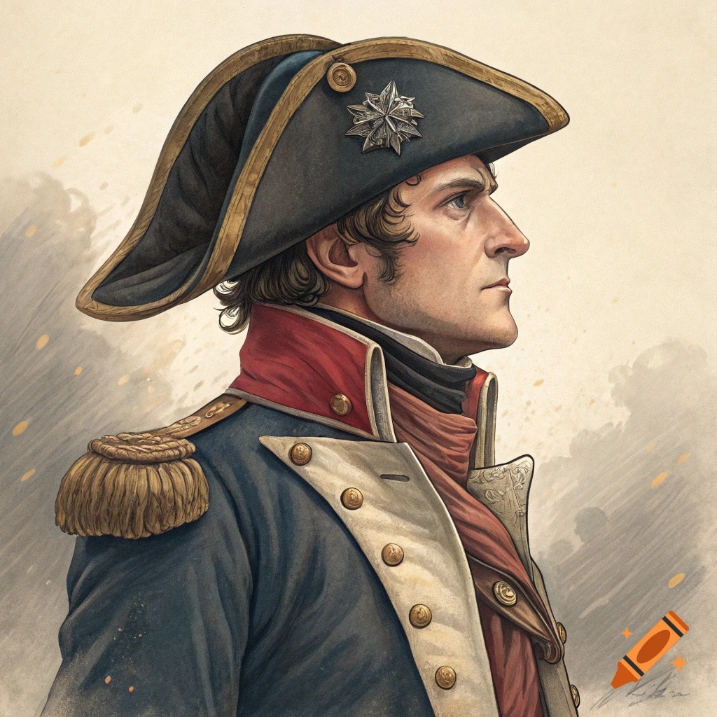 Illustrated portrait of a man resembling Napoleon in a historical military uniform and bicorne hat.