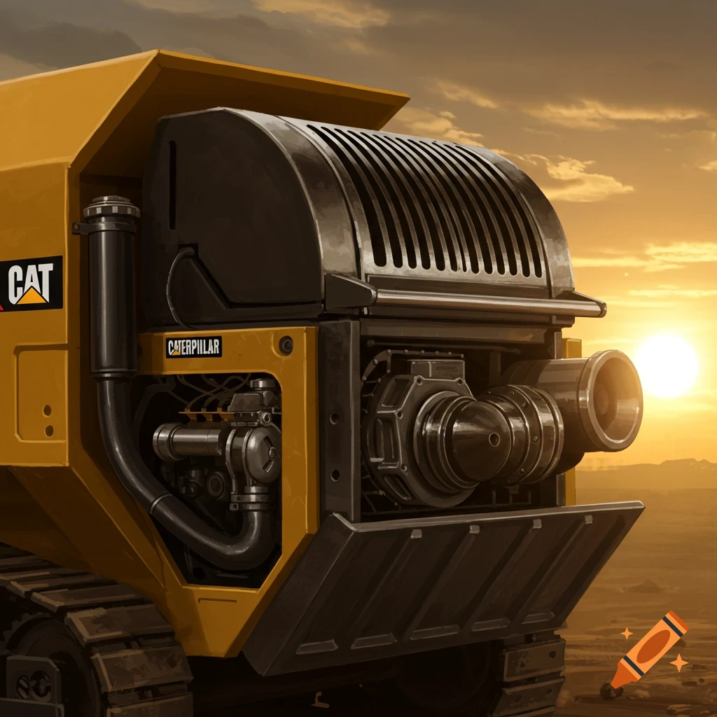 The front of a yellow Caterpillar construction machine is shown against a sunset sky.