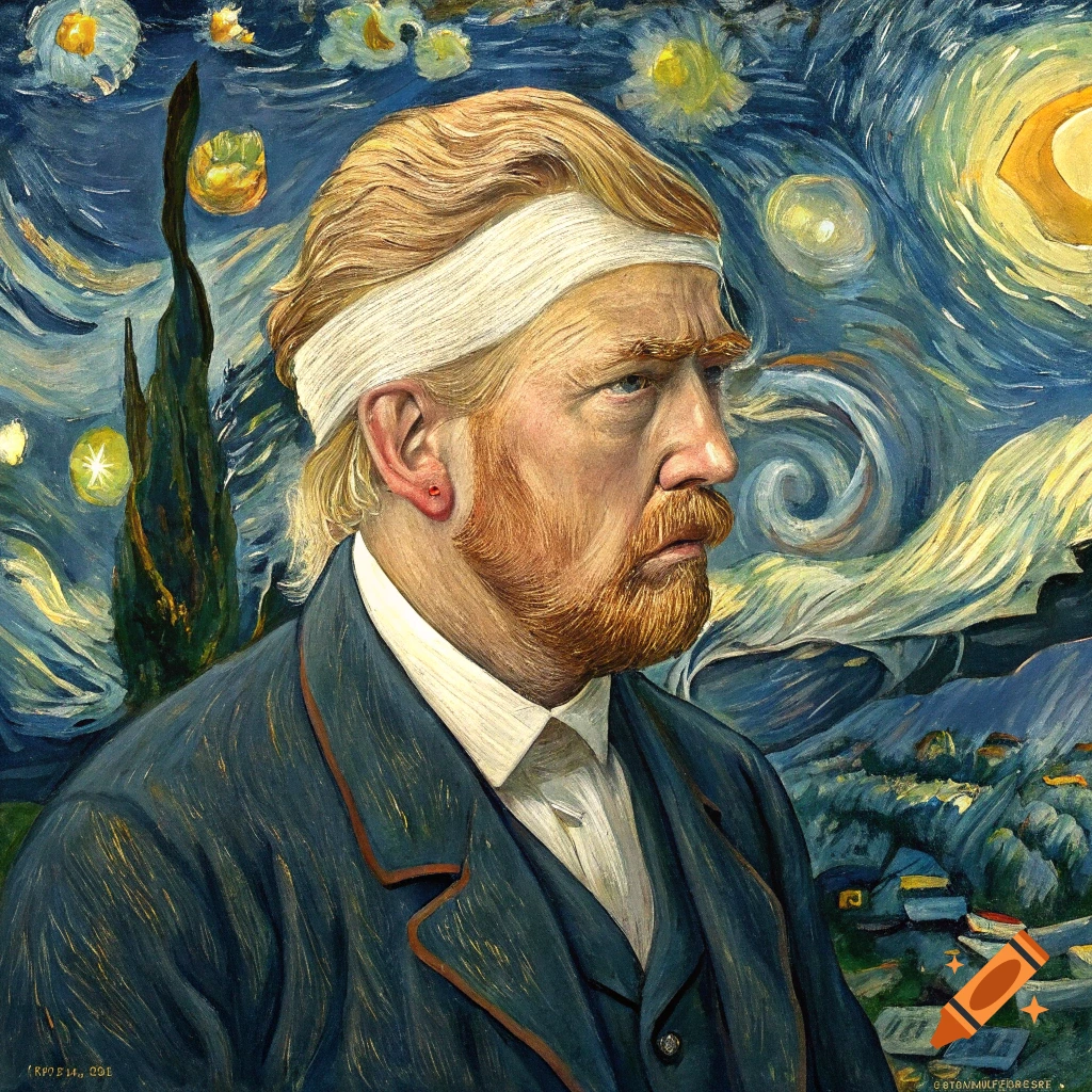 Portrait of Vincent Van Gogh with bandaged ear and Donald Trump's face, in the style of Starry Night painting.