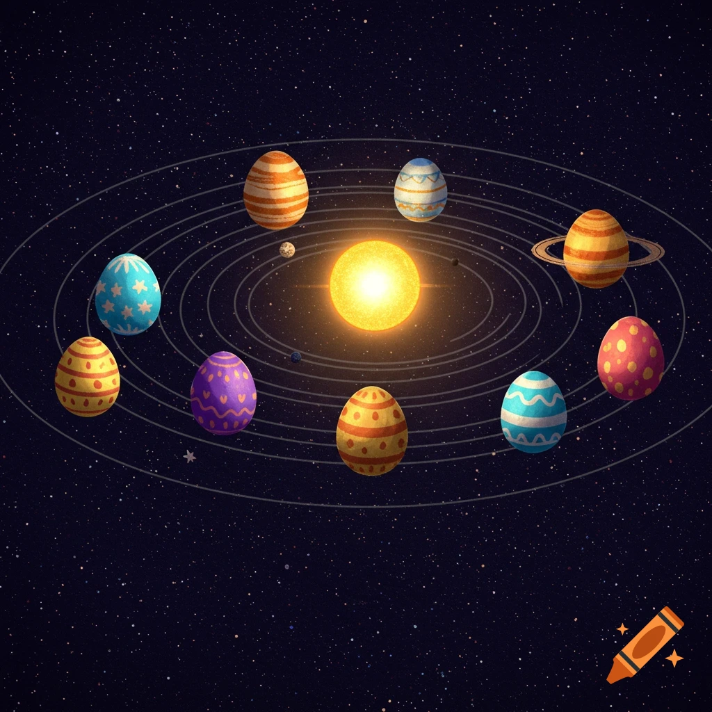 An illustration of a solar system where planets are colorful decorated Easter eggs orbiting the sun.
