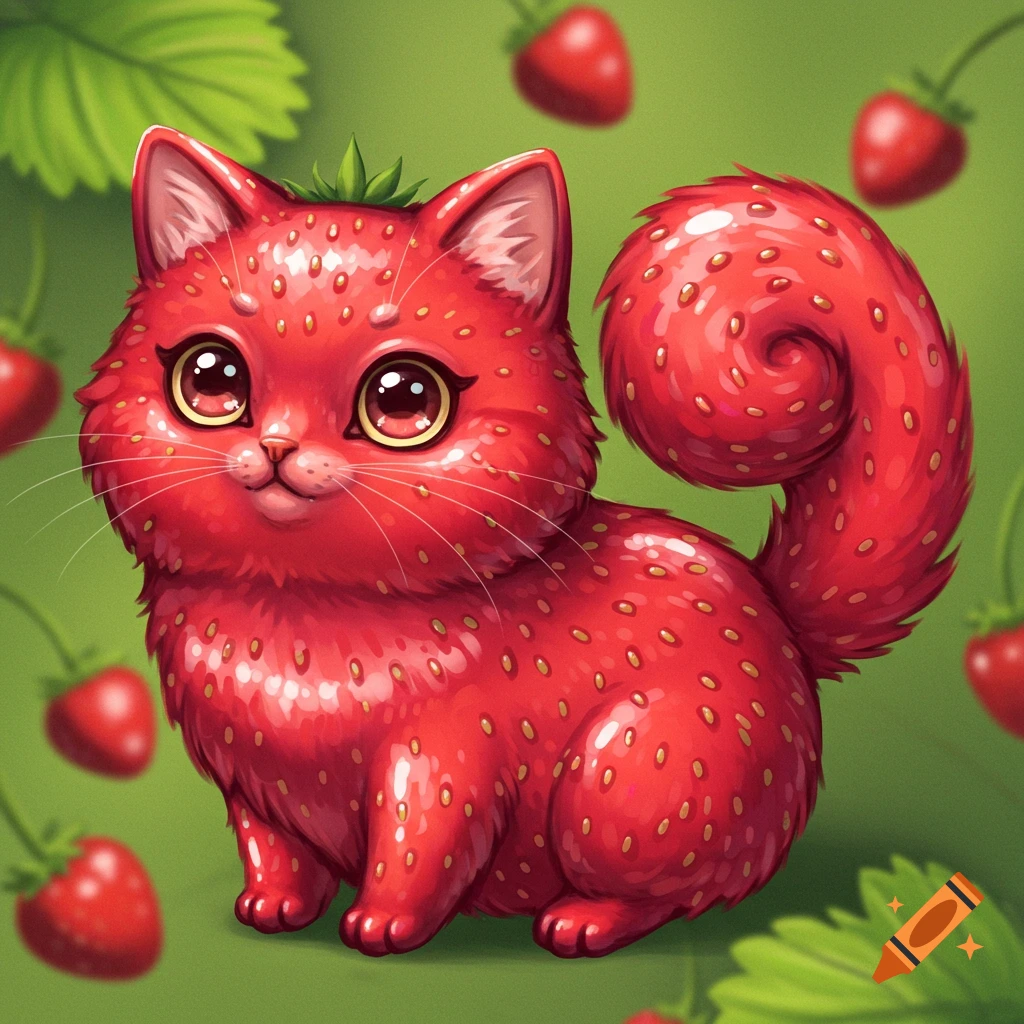 A cute red cat covered in strawberry seeds with a leafy stem on its head.