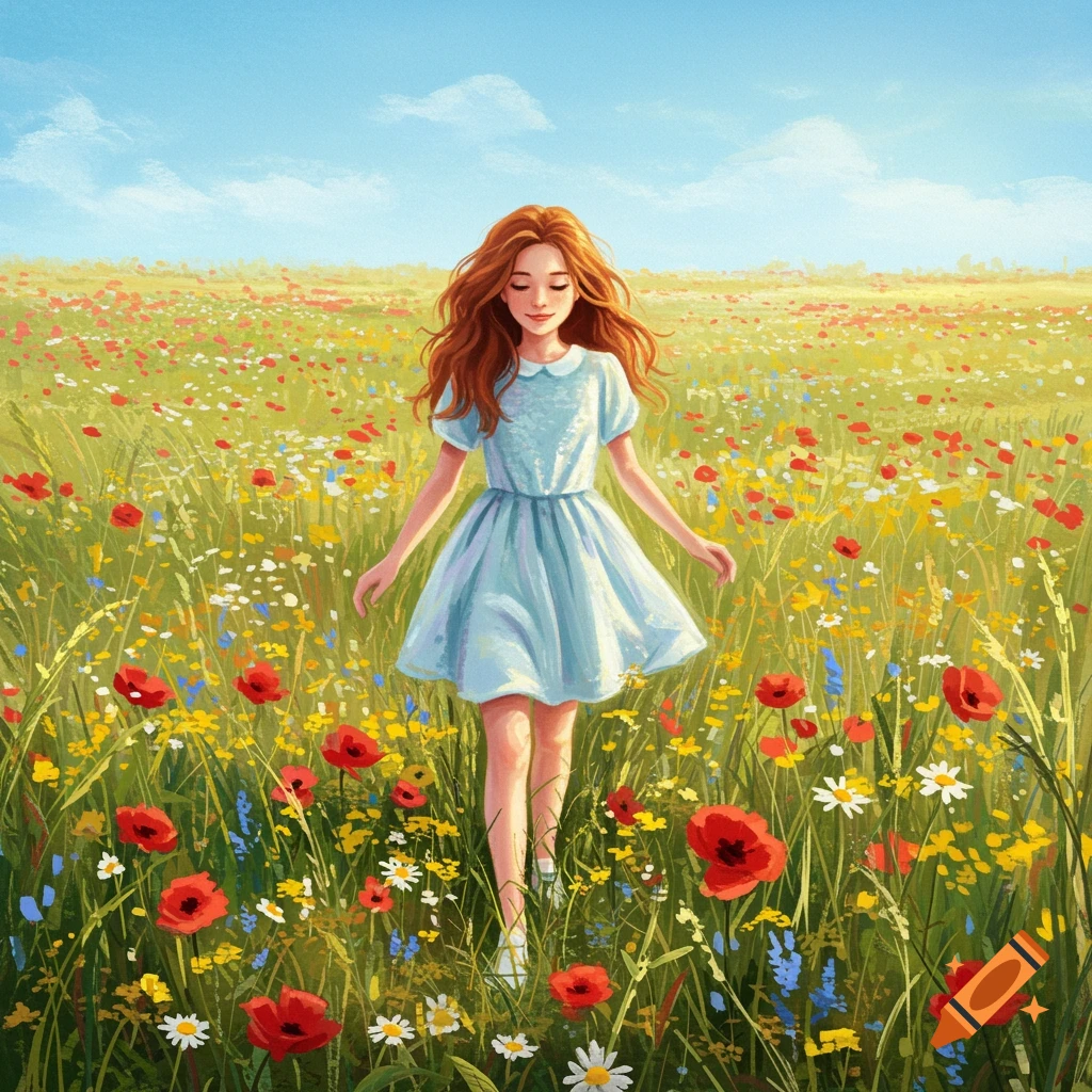 A girl walks through a sunny field of wildflowers.