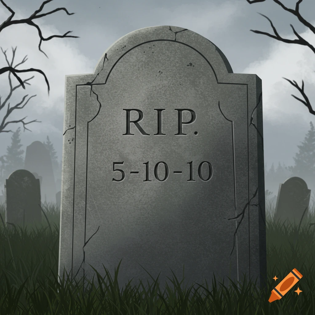 A grey tombstone stands in a graveyard with RIP and the date 5-10-10 engraved on it.