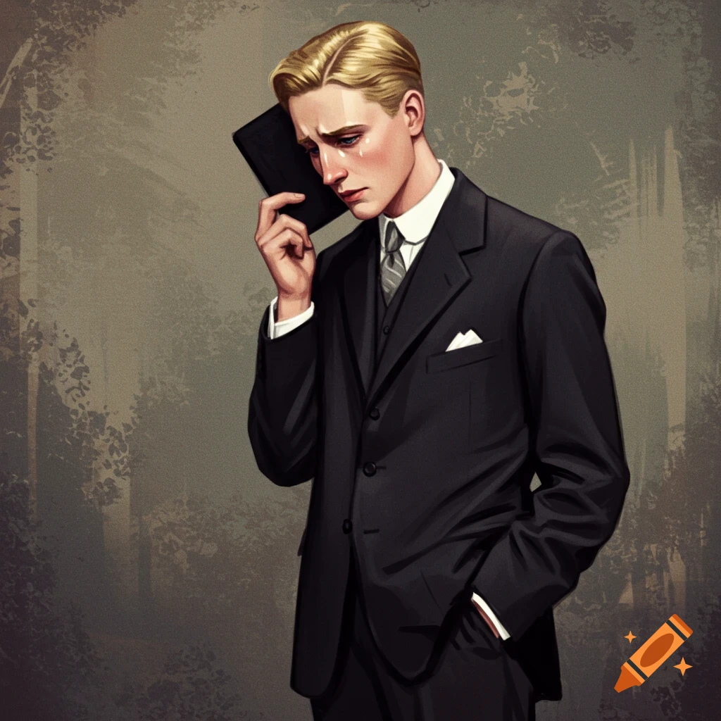 A sad blonde man in a black suit holds a book near his head.