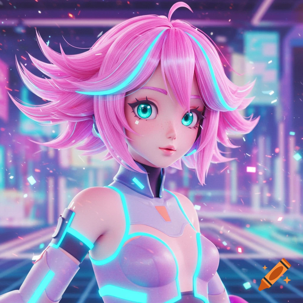 Futuristic anime girl with pink hair and glowing blue accents in a vibrant city