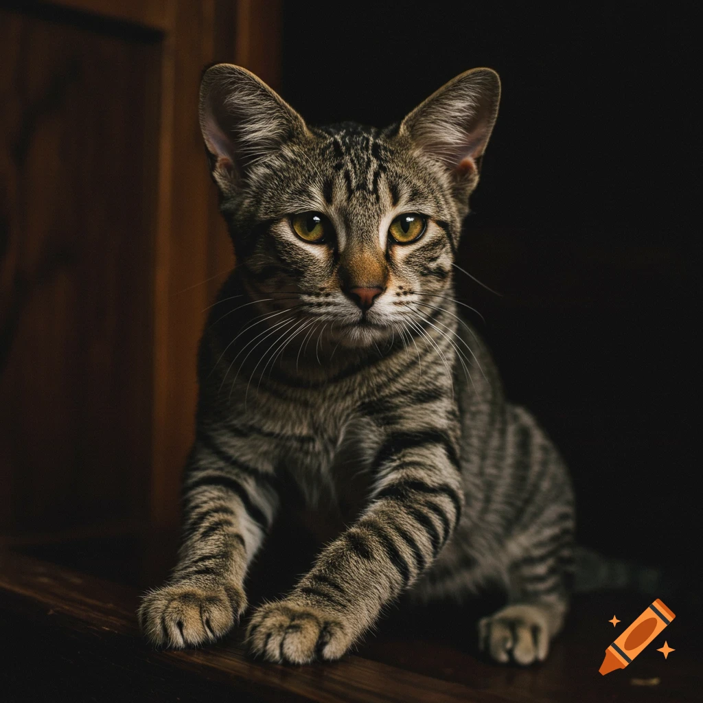 Close-up photo of a tabby cat looking at the camera with a dark background.