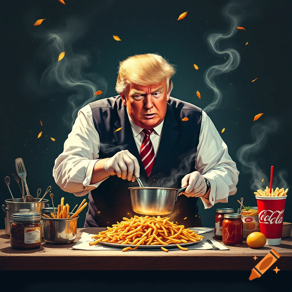 Donald Trump wearing an apron and gloves, preparing a large plate of french fries with a spatula and pot in a fast food setting.