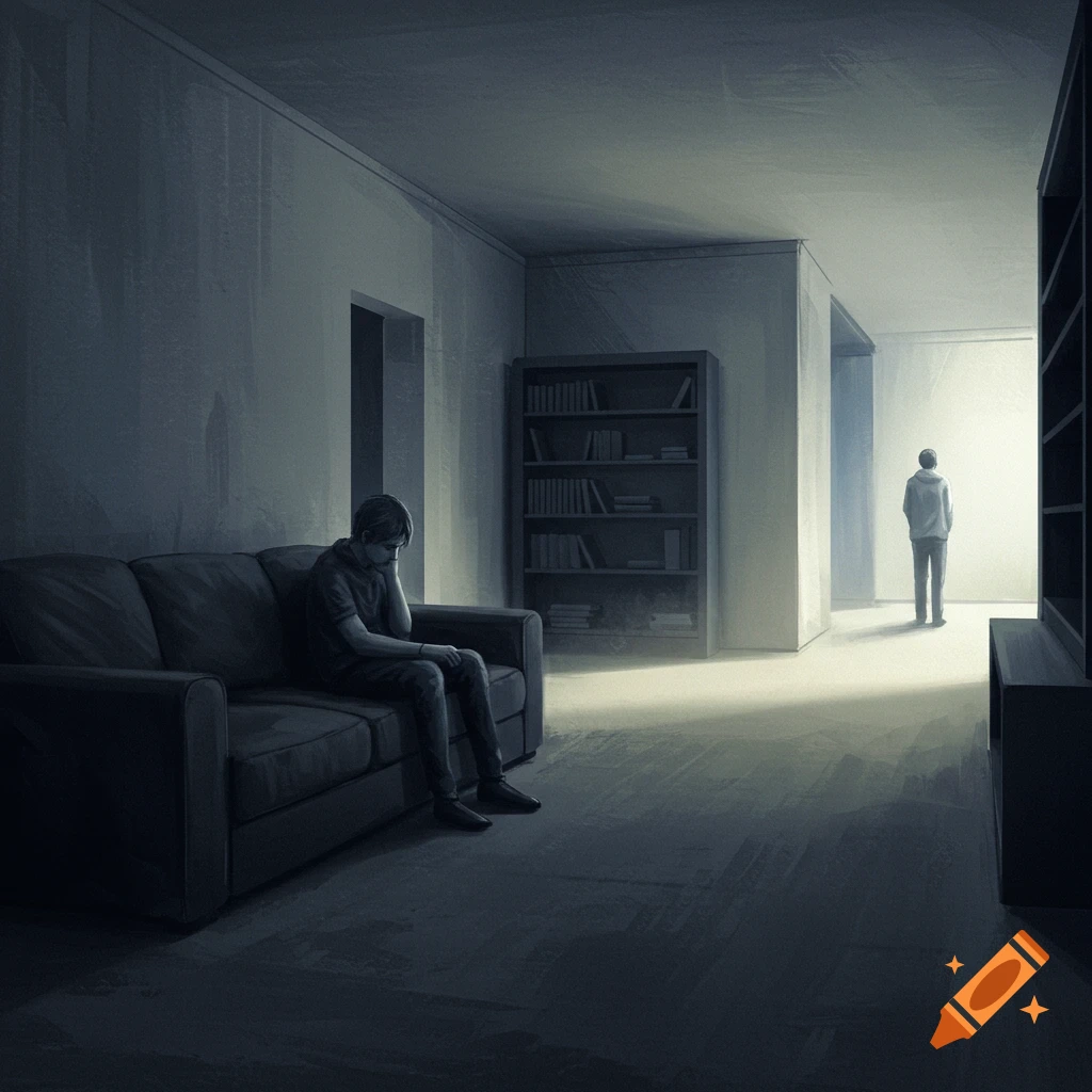Two figures are in a dark, somber room, one sitting on a couch and another standing in a bright doorway.