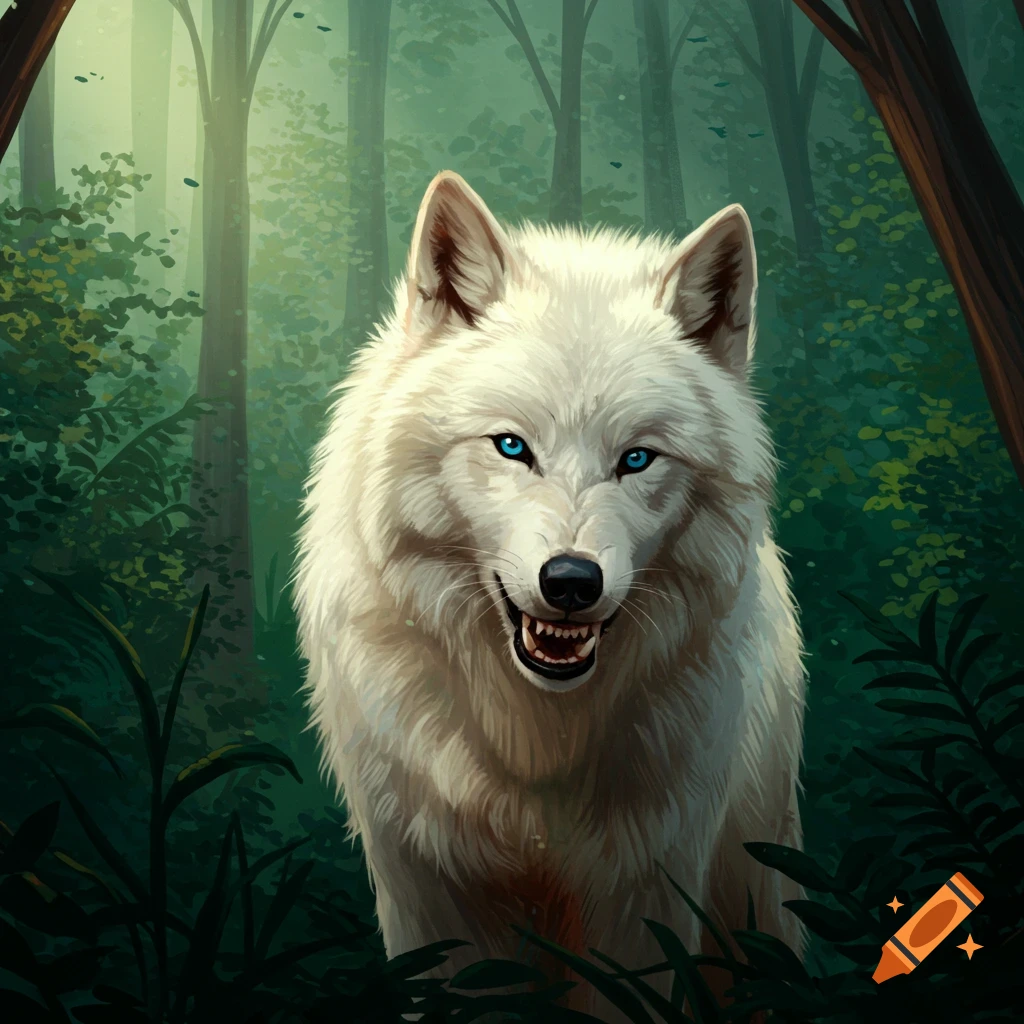 A white wolf growling in a forest.