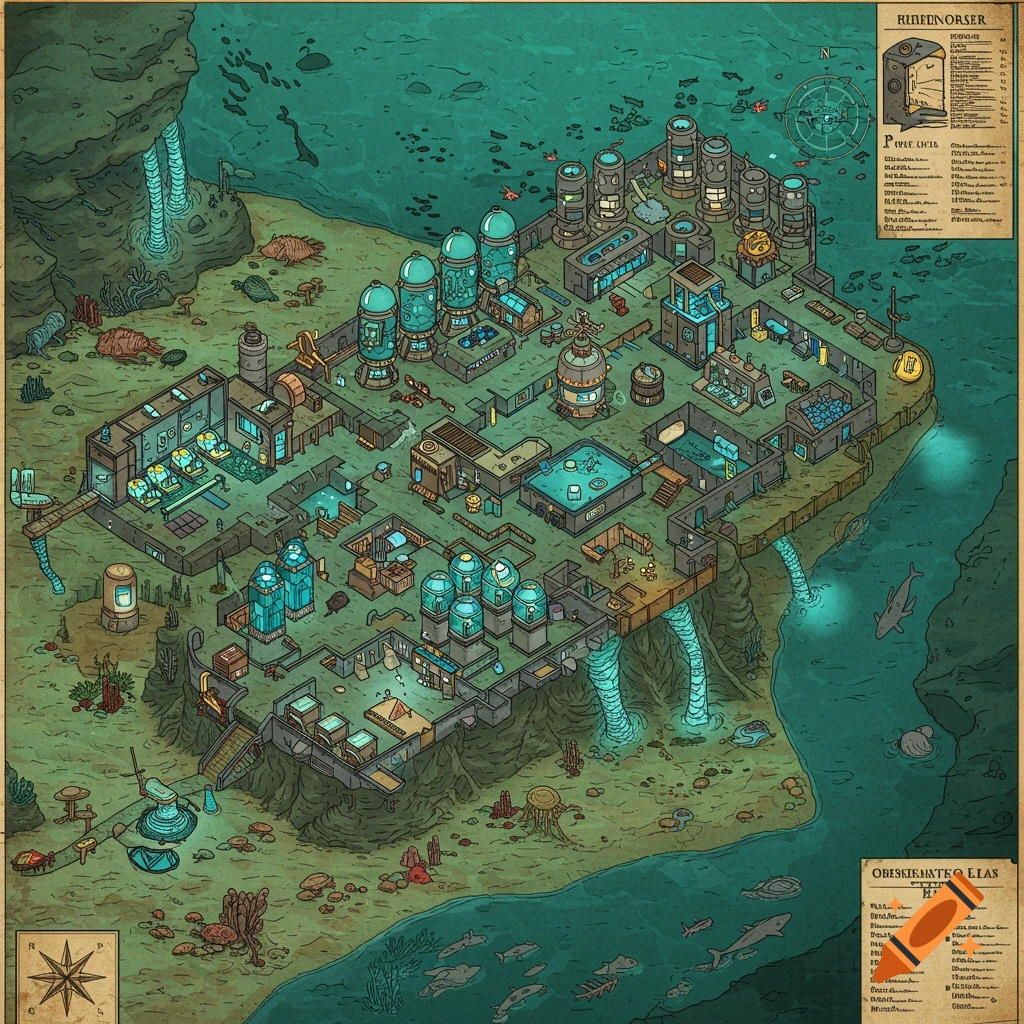 Illustrated map of a deep sea laboratory base
