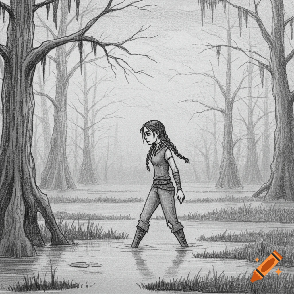 Pencil drawing of a person wandering through an eerie swamp with trees.
