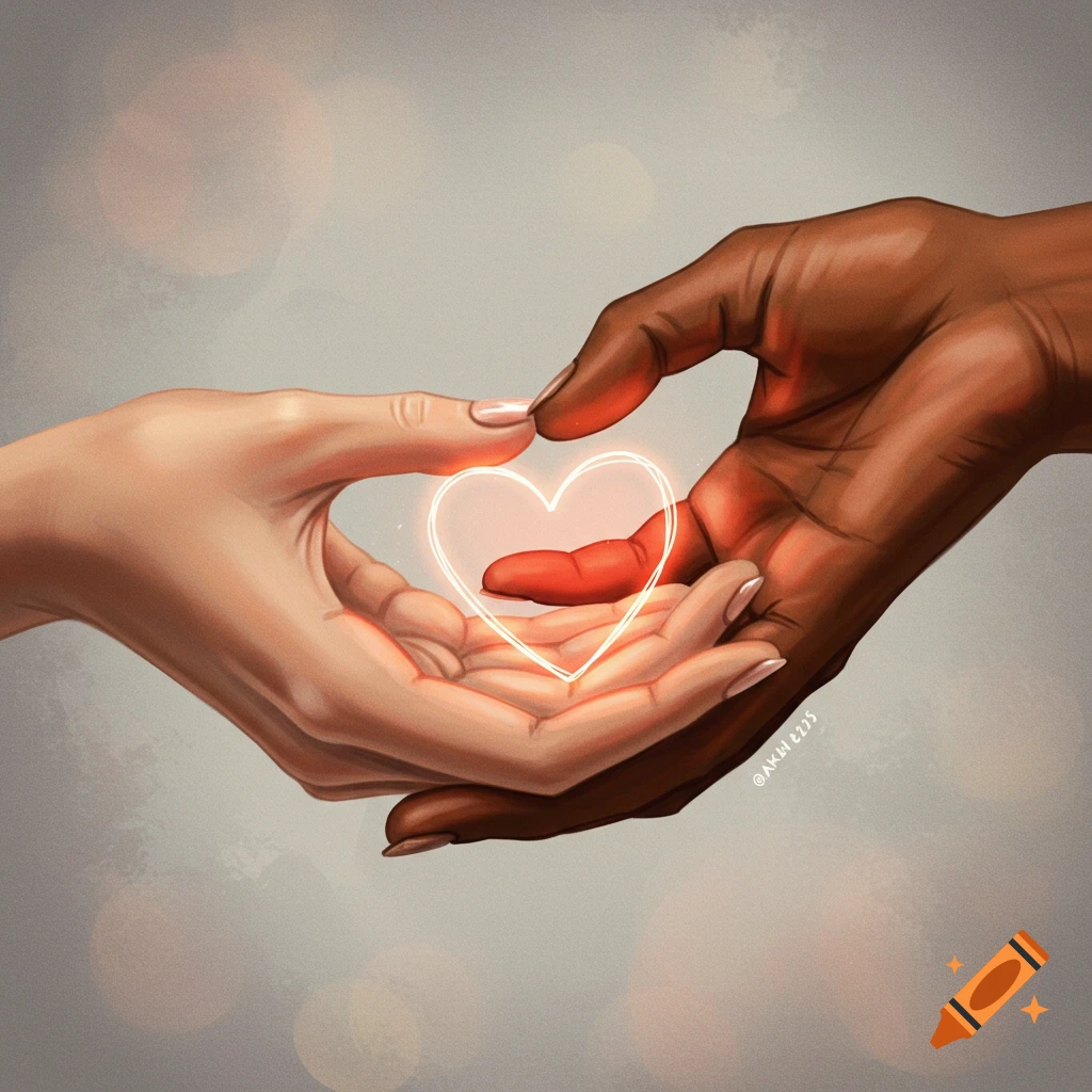 Two hands, one light, one dark, cupped around a glowing heart outline.