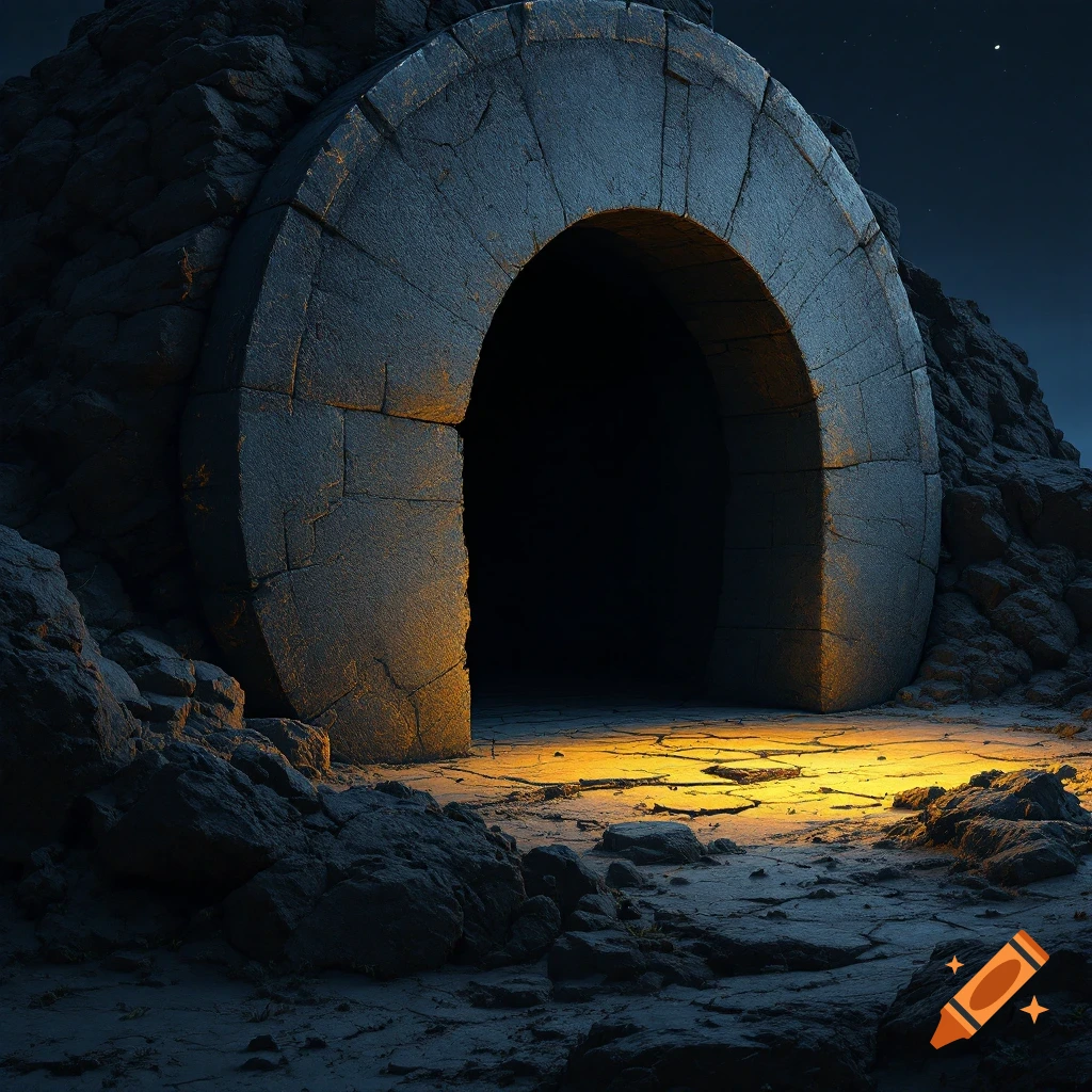 Stone archway tomb entrance ajar at night with light spilling out onto the ground.
