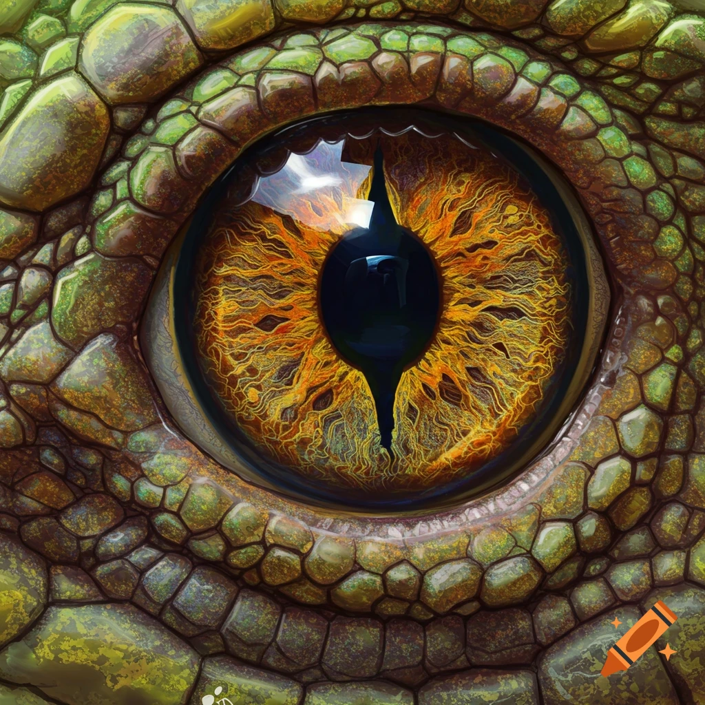Close-up of a reptile eye with orange iris and textured scales.