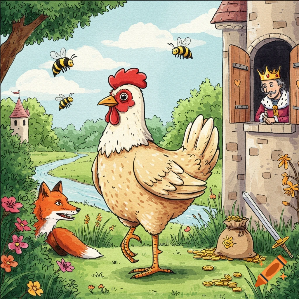 Watercolor illustration of a giant chicken, a fox, bees, a king in a castle window, and treasure.