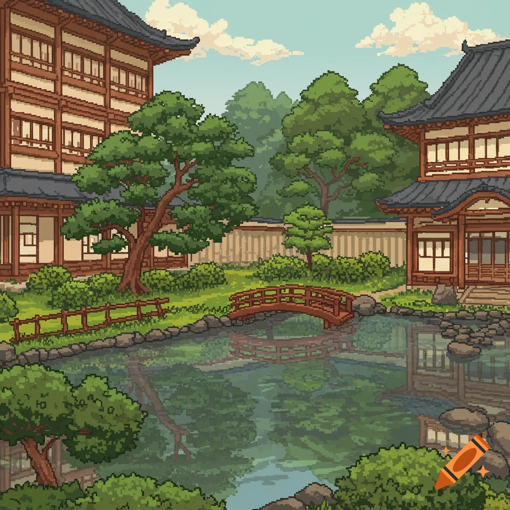 Pixel art of a Japanese garden with traditional buildings, a pond, trees, and a small red bridge.
