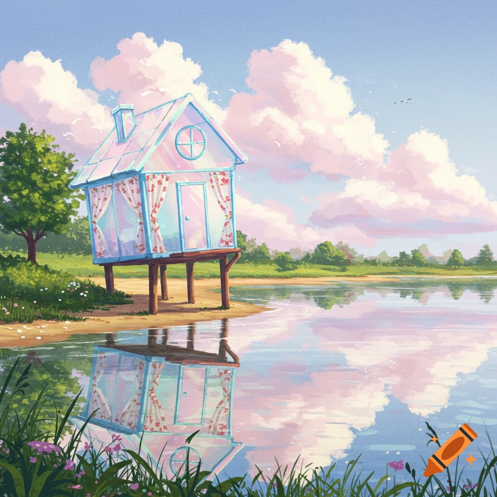 A colorful glass house on stilts by a lake