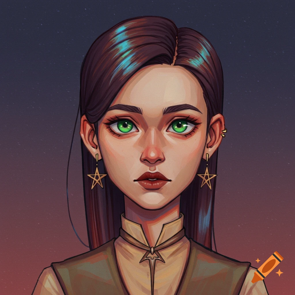 Stylized digital art portrait of a woman with green eyes and star earrings against a starry sky.