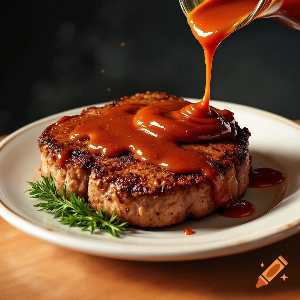 Sauce being poured over a cooked meat patty on a plate.