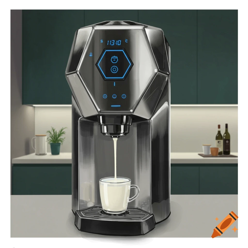 A futuristic milk dispenser is pouring milk into a cup in a kitchen.