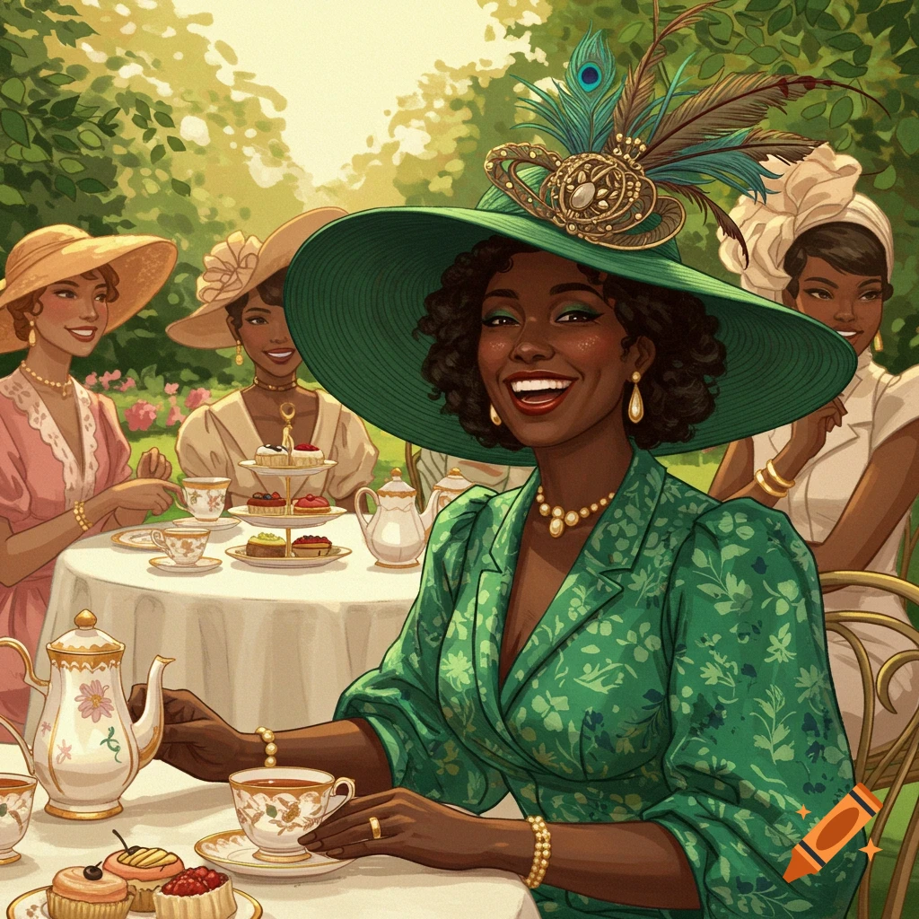 Digital illustration of women having a tea party in a garden, with a woman in a large green hat in the foreground.