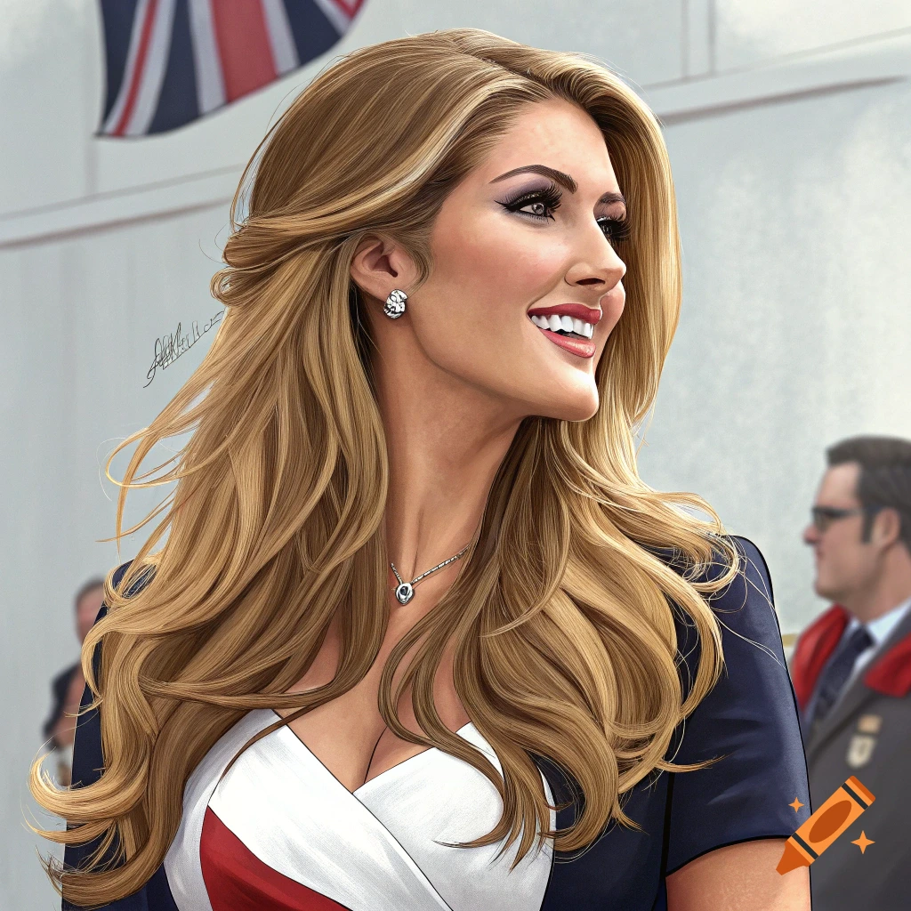 Illustration of a smiling blonde woman with long wavy hair wearing a dark jacket over a low-cut dress with red and white.