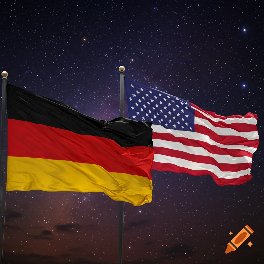 German and American flags waving against a starry night sky