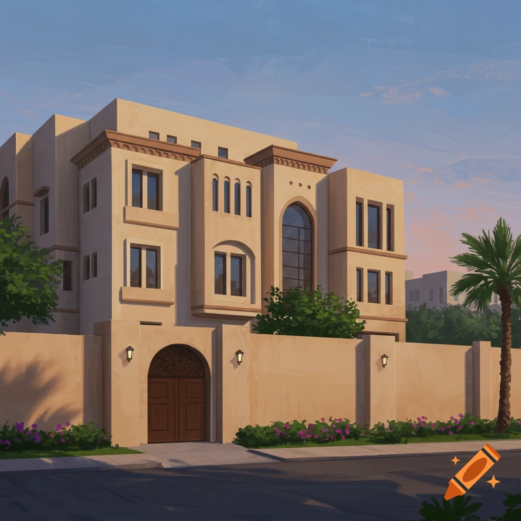 A large Middle Eastern style house with tall walls and a large gate.