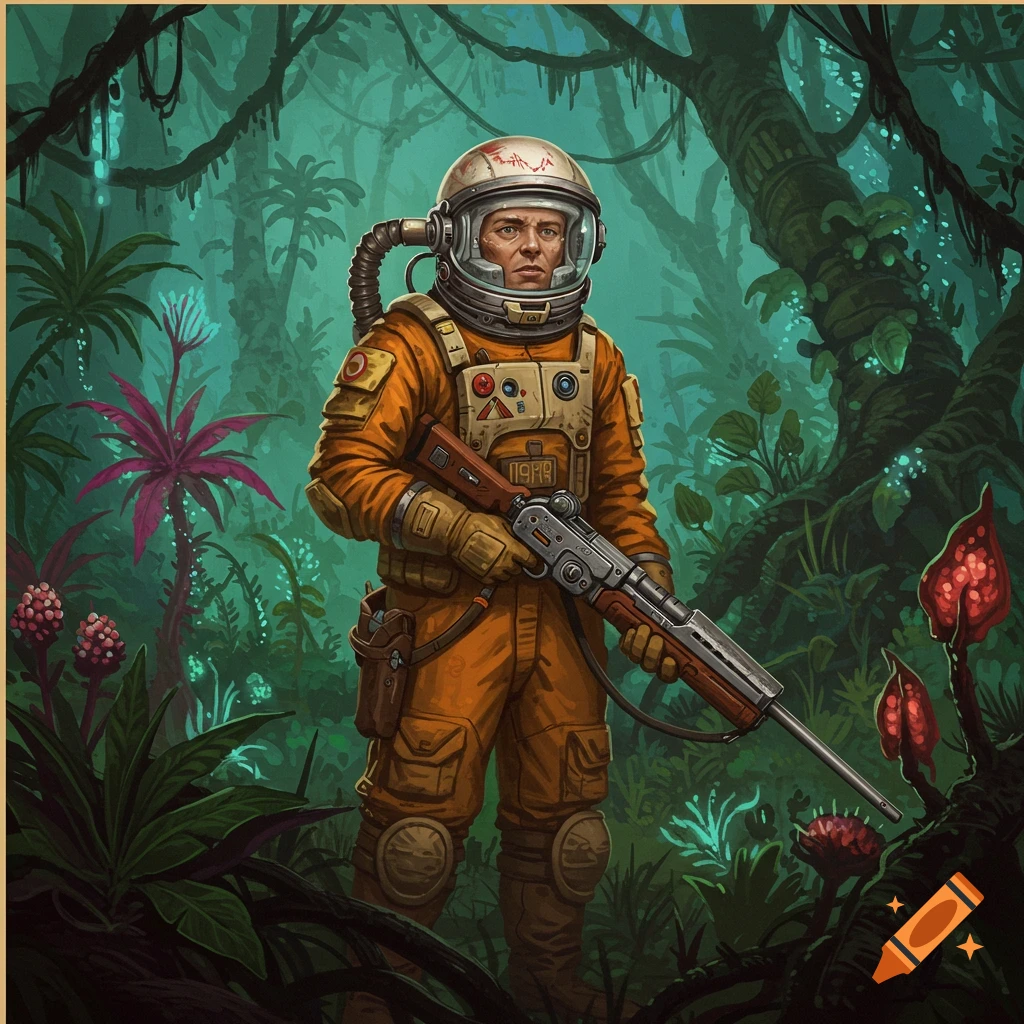 An astronaut hunter with a rifle standing in a vibrant alien jungle.