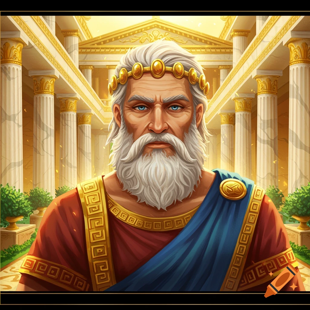 A regal man with white beard and gold crown is in front of a golden Greek temple.