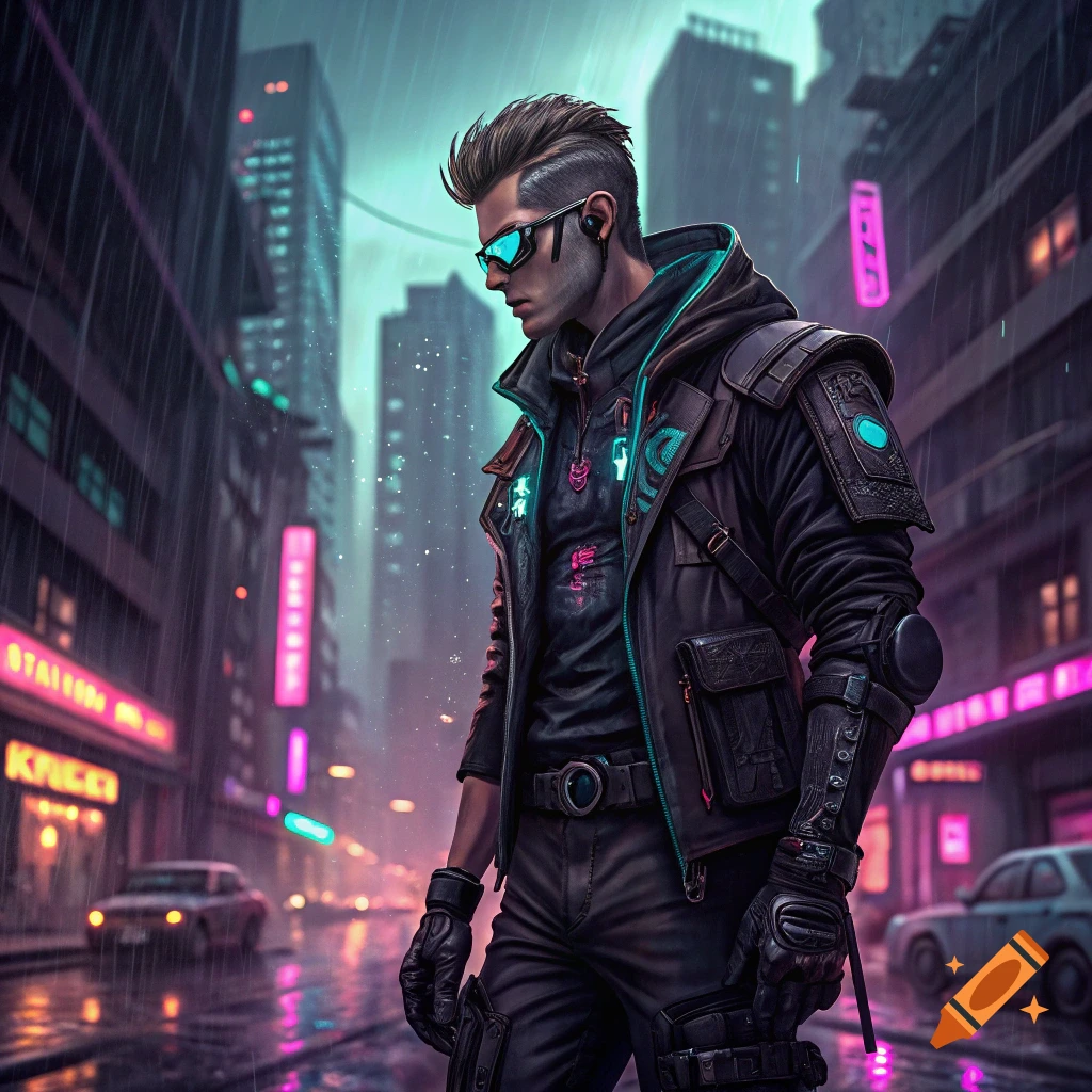 A person in futuristic cyberpunk clothing stands in a rainy city street.