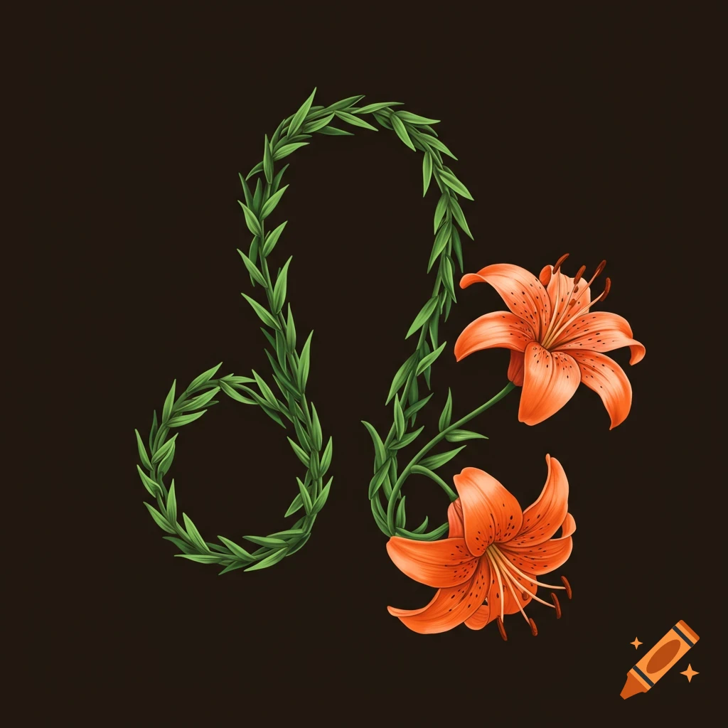 A Leo zodiac symbol formed from green leaves with orange tiger lilies.